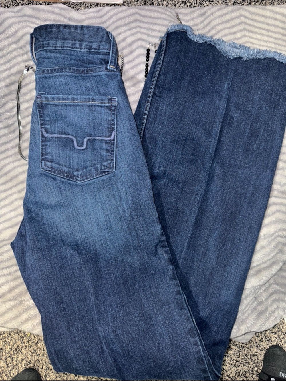 Kimes Ranch Dark Blue Fringe-Hem Wide Leg Jeans